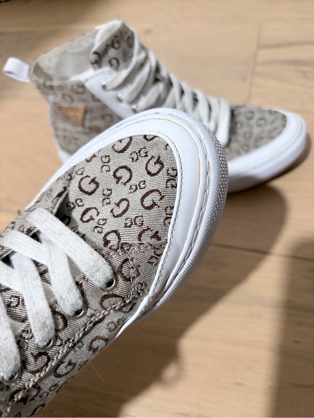 Guess Monogram High-Top Sneakers in Beige and White - Picture 3 of 5